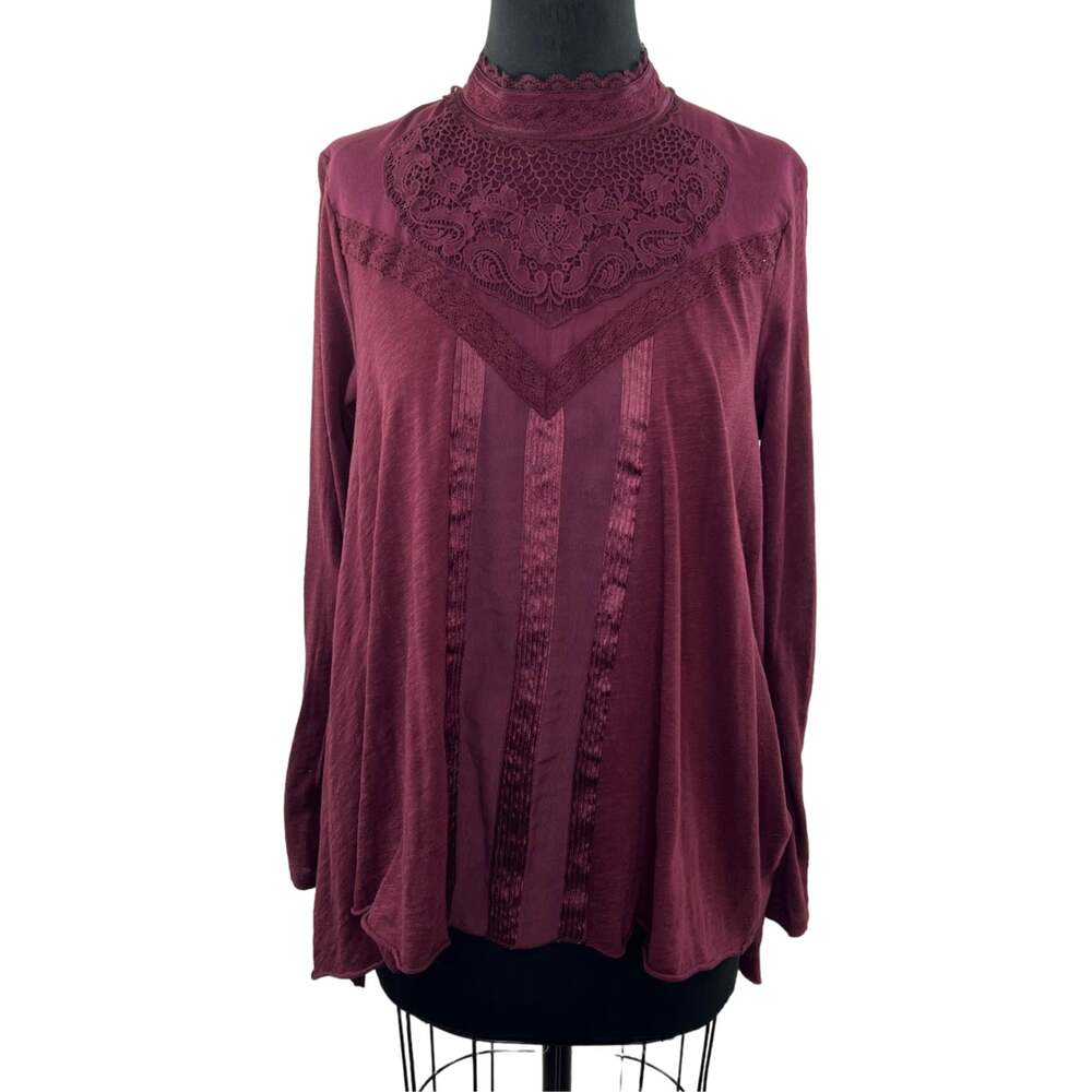 FREE PEOPLE Burgundy Top Blouse Long Sleeve Lace Mock Neck Cotton Size M
